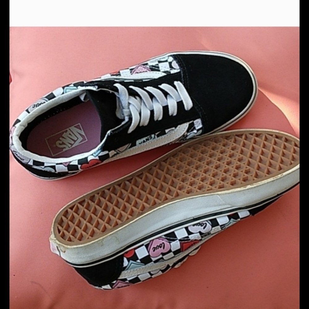 Vans Black&White Checkered Hearts Sneakers with Pink Accents